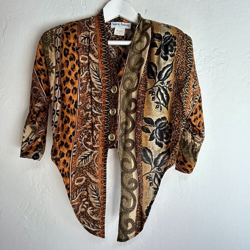 Vintage Sharon Anthony Petite Womens Button-Up Tie-Front Cropped Blouse 4P Brown
